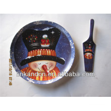 KC-02547snowman ceramic plates,for kids funny round pizza/cake plates with server